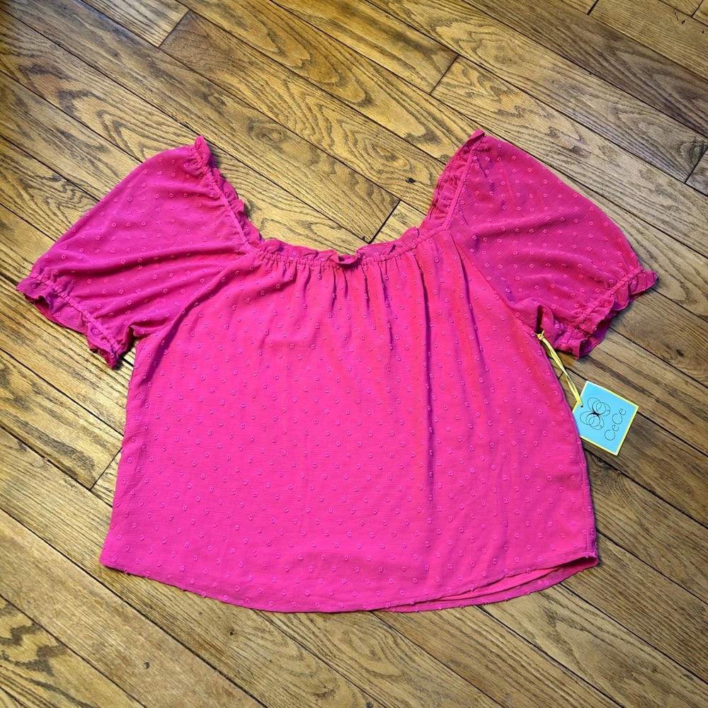 NEW CeCe Pink Clip Dot Ruffle Square Neck Off Shoulder Blouse Top XL